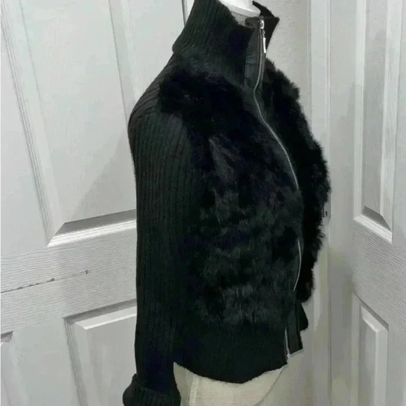 Vintage leather brand leather and genuine fur zip front luxury sweater in black - Picture 6 of 9